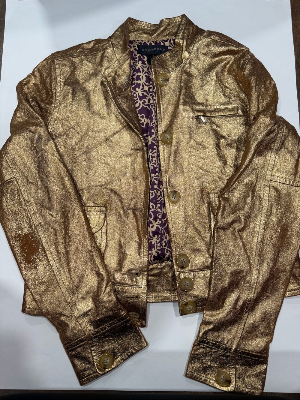 bagatelle Metallic Gold Bomber Jacket with Printed Lining